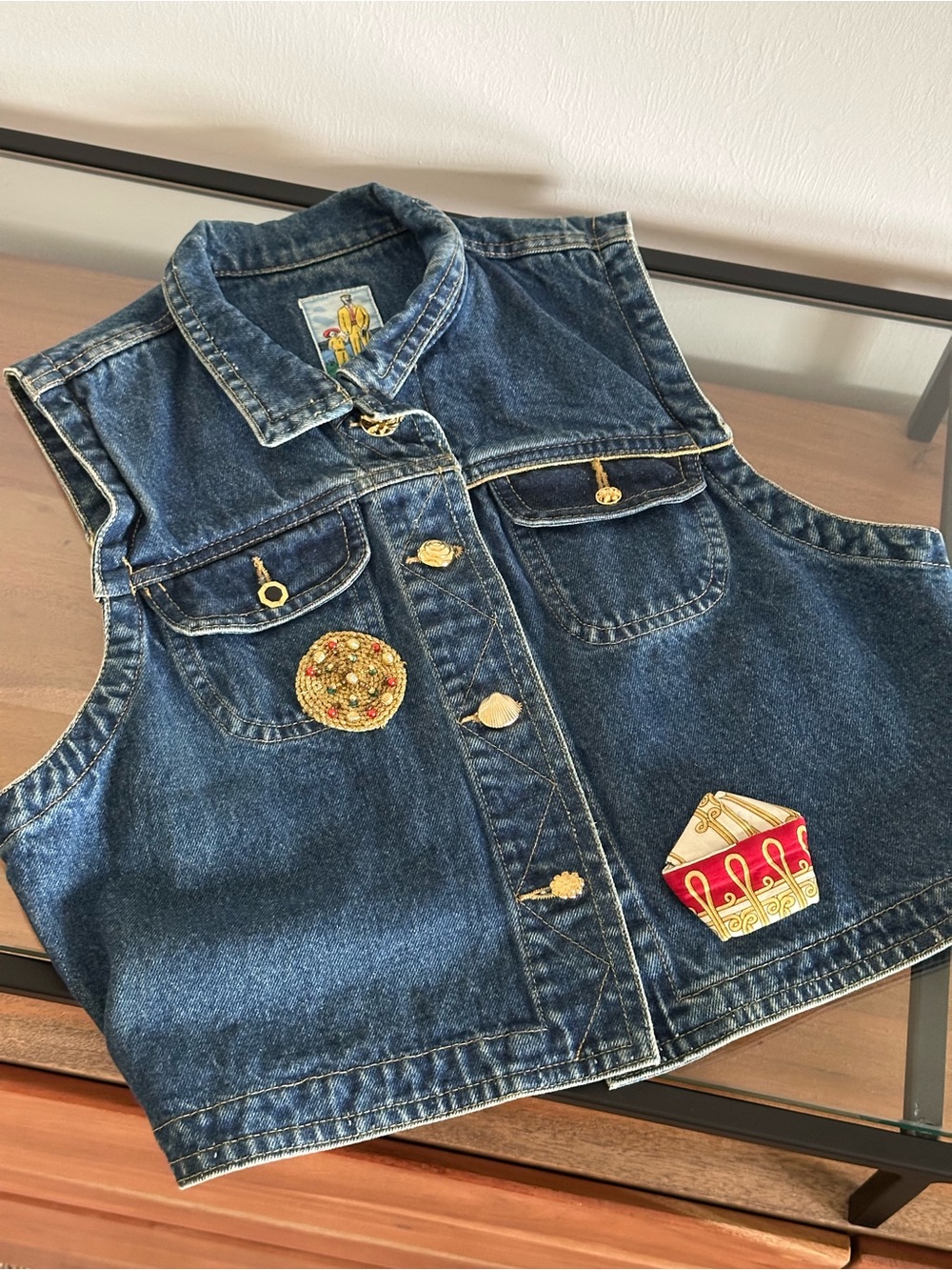 Vintage Herzer Austria Denim Vest Reworked Scarf Panel Equestrian Baroque OOAK